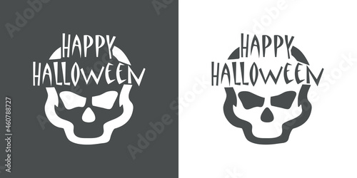 Banner con texto Happy Halloween con calavera en fondo gris y fondo blanco