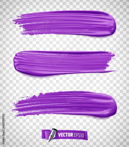 Vector realistic purple paint brush strokes on a transparent background.