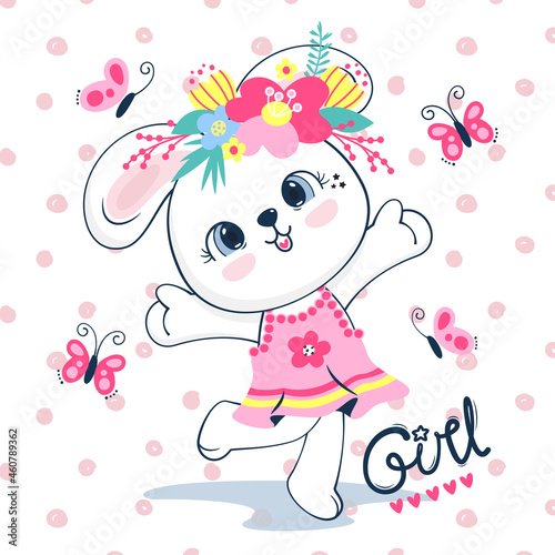 Happy rabbit girl in colorful dress and wreath of flowers standing on polka dot background illustration vector.