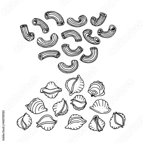 a set of pasta of traditional shapes, shells and horns, menu design, vector illustration with black ink contour lines, isolated on a white background in a doodle and hand drawn style