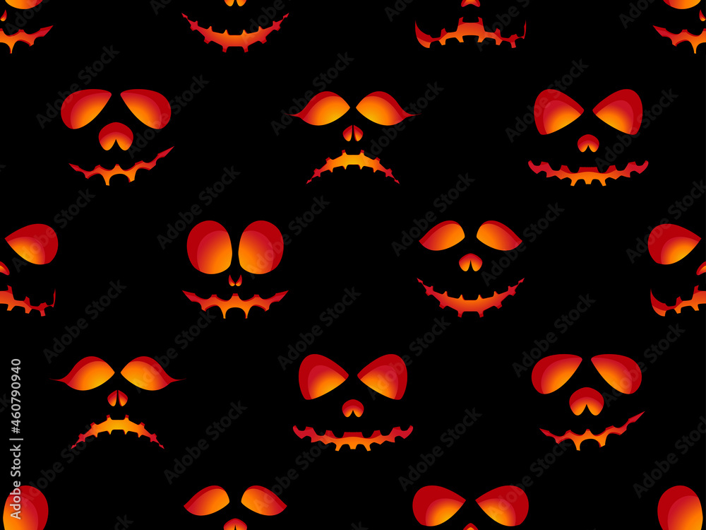Halloween seamless pattern with scary face. Fire evil eyes on black background. Ghost mask. Festive background design for banners and posters, wrapping paper and promotional items. Vector illustration Halloween seamless pattern with scary face. Fire evil eyes on black background. Ghost mask. Festive background design for banners and posters, wrapping paper and promotional items. Vector illustration
