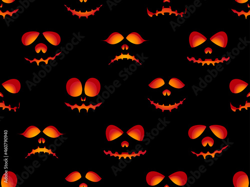 Halloween seamless pattern with scary face. Fire evil eyes on black background. Ghost mask. Festive background design for banners and posters, wrapping paper and promotional items. Vector illustration