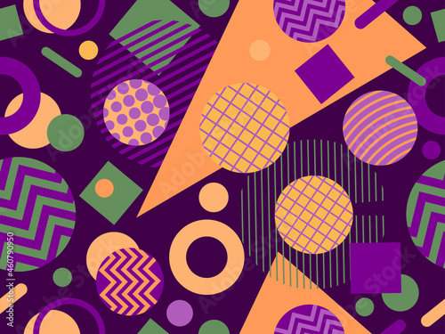 Fototapeta Naklejka Na Ścianę i Meble -  Geometric seamless pattern in the style of memphis from the 80s. Circles with zigzags and geometric shapes. Background for wrapping paper, advertising materials and fabrics. Vector illustration