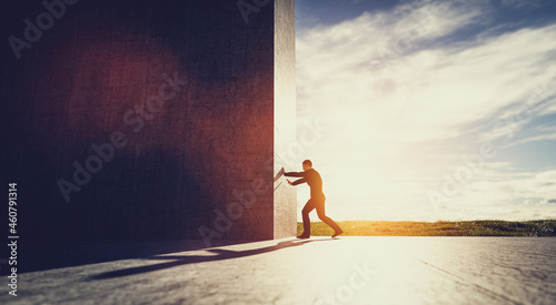 Man pushing big wall to reveal new better green world photo