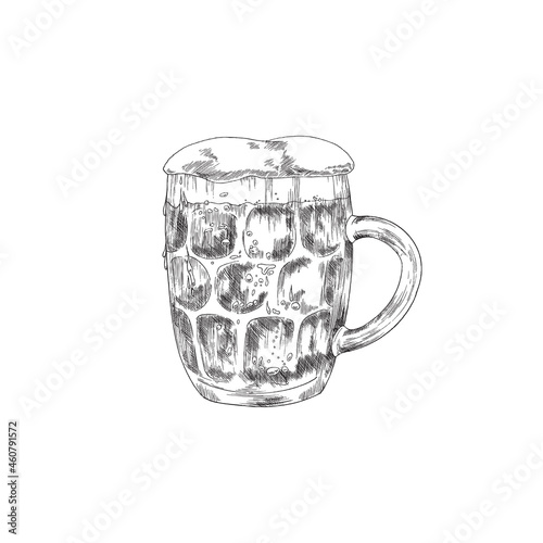 Full huge glass mug of beer with foam, hand drawn vector illustration isolated.
