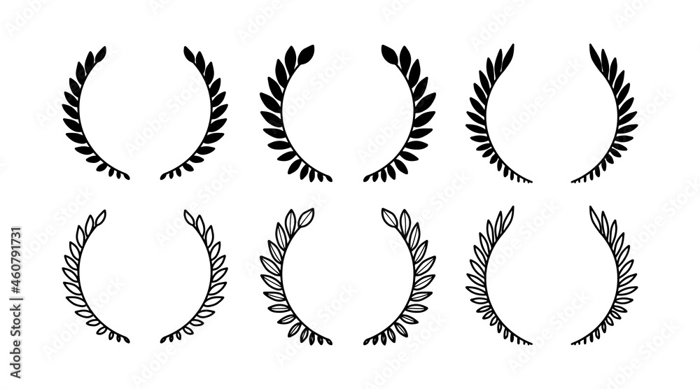 Laurel wreath. Set of outline and silhouette vector hand drawn laurel wreaths isolated on white background. Doodle style. Outline and silhouette floral frames. Laurel wreath. Set of outline and silhouette vector hand drawn laurel wreaths isolated on white background. Doodle style. Outline and silhouette floral frames.