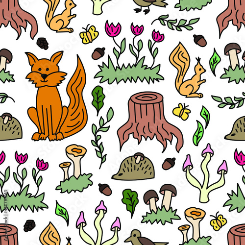 Seamless pattern with autumn forest. Vector illustration. Fall. Autumn
