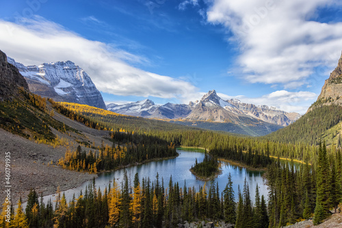 Scenic View of Glacier Lake with Canadian Rocky Mountains in Background. Sunny Fall Day. Located in Lake O'Hara, Yoho National Park, British Columbia, Canada. © edb3_16