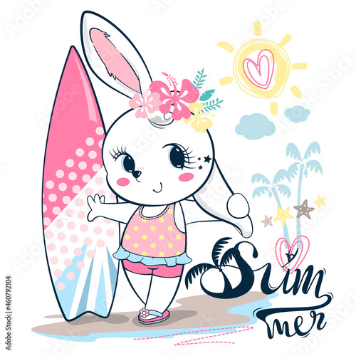 Cute sport rabbit girl standing with her surfboard on the beach isolated on white background illustration vector.