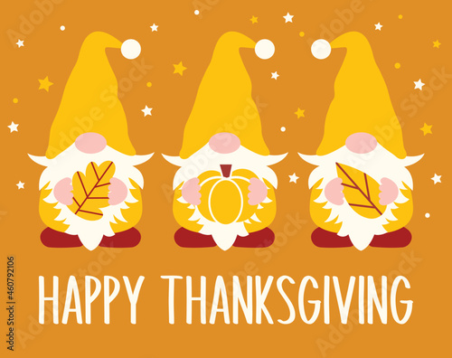 Happy Thanksgiving vector illustration with three gnomes, leaves and pumpkin. Autumn gnomes cut file. Thanksgiving greeting card design