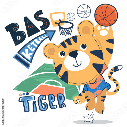 Little tiger basketball player with a ball isolated on white background illustration vector.