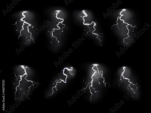 Lightning realistic. Electricity thunderstorm, night sky blitz flash thunder light sparks. Different forms rain weather objects, electricity and explosion symbol vector isolated realistic set