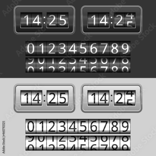 Watch in dark color and white. Set of numbers from 0 to 9 and in half turn. Vector illustration.