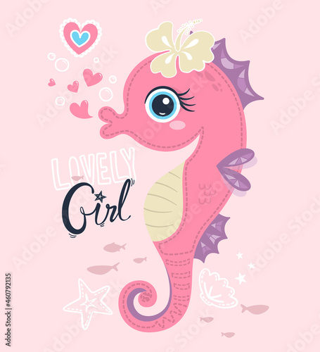 Beautiful seahorse wearing hibiscus flower in her head isolated on pink background illustration vector.