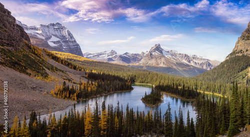 Scenic View of Glacier Lake with Canadian Rocky Mountains in Background. Sunny Fall Day Art Render. Located in Lake O'Hara, Yoho National Park, British Columbia, Canada.