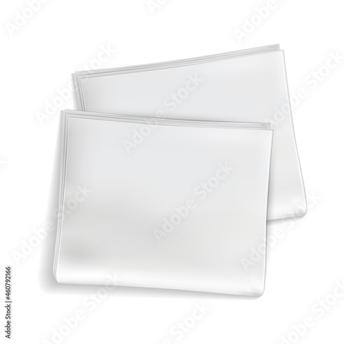 Mockup newspaper. Newsprint sheets blank, tabloid magazine with folded empty clean pages front view. Daily press paper journal template. Vector isolated realistic illustration