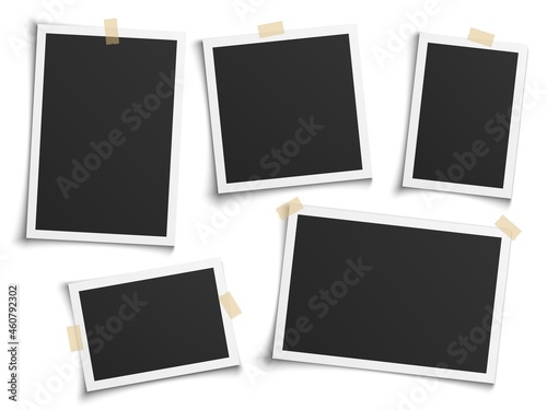 Photo frames realistic. Empty white photos frame vintage with adhesive tapes. Images different forms on wall, blank retro memory album. Wall collage photography mockup vector isolated set photo