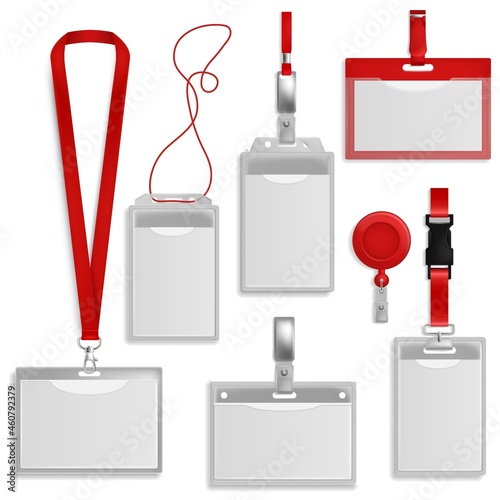 Plastic Id cards. Identification badge blank, authentication security card tags with holder and neck lanyard. Visitors accreditation, pass mockup for security. Vector realistic set