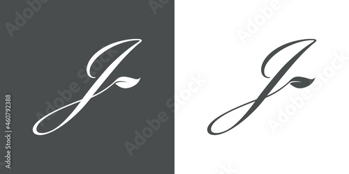 Logotipo letra inicial J con hojas de planta en fondo gris y fondo blanco
