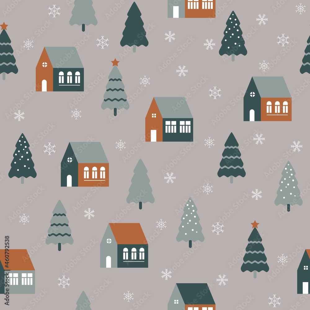 Seamless pattern with cute houses in snowy forest. Simple scandinavian style background with christmass mood for web, print, background, wallpaper, scrapbooking, wrapping paper, textile 