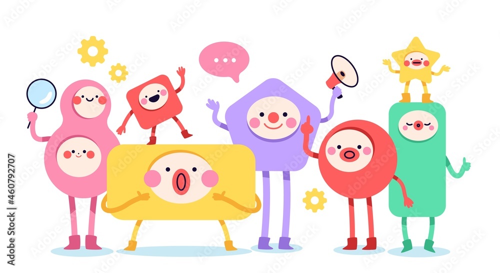 Naklejka premium Geometric figures faces. Different simple shapes group, funny kids design, cute emotional characters, trendy cartoon heroes with hands, feet and funny faces, vector cartoon isolated concept