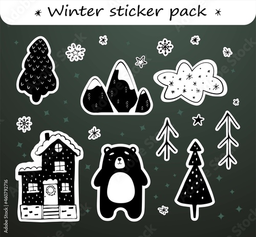 Winter cute sticker pack with outline in black and white colors. Hand drawn Christmas trees, mountains, bear, cloud, snowflakes, holiday decorative house,