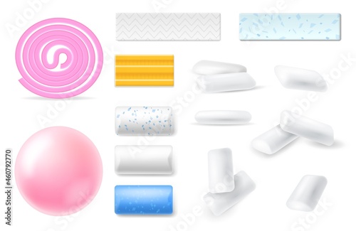 Pads chewing gum. Realistic different flavors and shapes bubble gum. Pads, plates and twisted spiral, gummy candies. Menthol and sweet taste, dental health, oral freshness vector isolated set