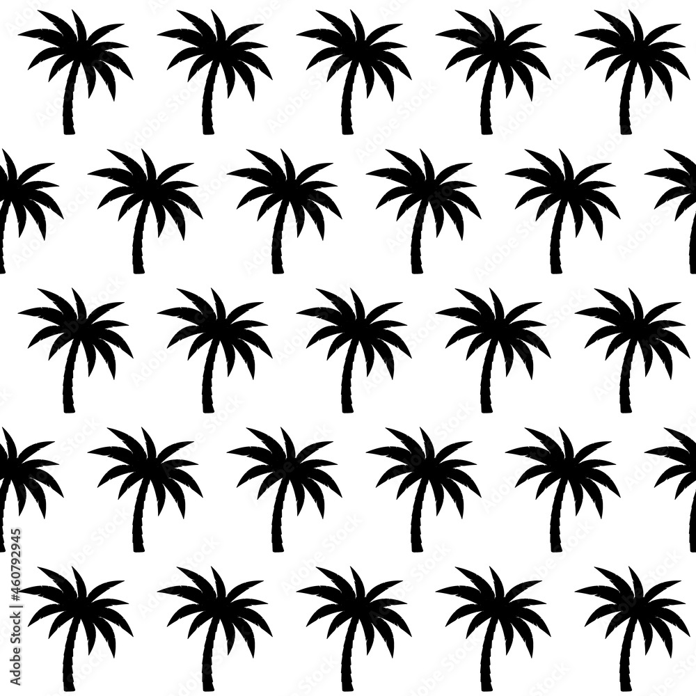 Palm trees black silhouette seamless pattern isolated on white background. Vector monochrome seamless background.