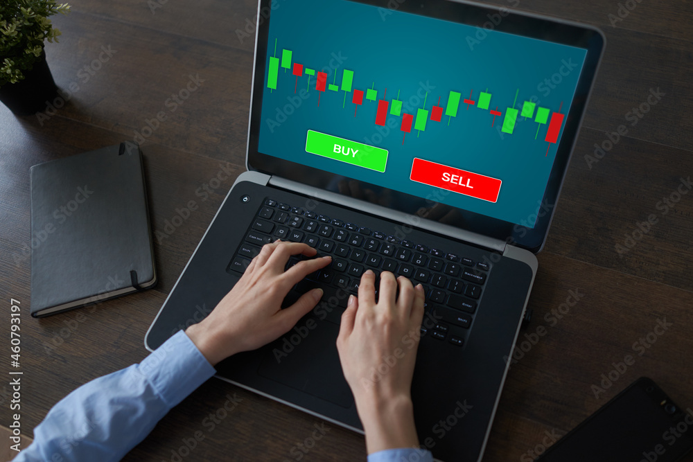 Fototapeta premium Online Trading Currency Forex Stock Market concept on screen with Economic graphs Candle chart and SELL and BUY buttons.