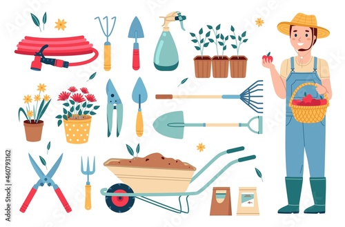 Garden tools and gardener. Farm male character, horticulture instruments, grower man with basket apples, flowers and seedlings, seeds in pack, planting inventory vector cartoon flat isolated set