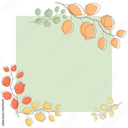 Postcard template design, linear eucalyptus leaves with colored autumn spots, minimalist style.