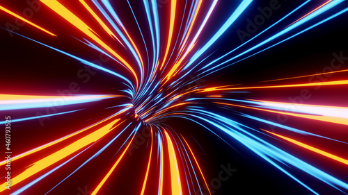Neon glowing rays in motion into digital technologic tunnel. Travel through space and time. 3D illustration
