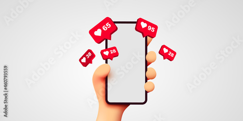 Cute 3D cartoon hand holding mobile smartphone with Likes notification icons on white background. Social media and marketing concept.