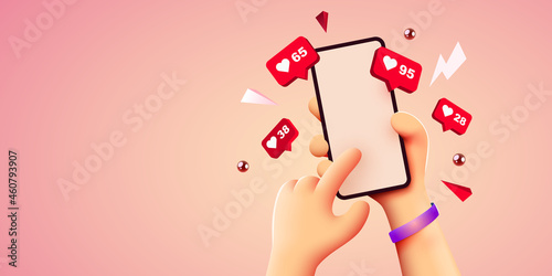 Cute 3D cartoon hand holding mobile smartphone with Likes notification icons. Social media and marketing concept.