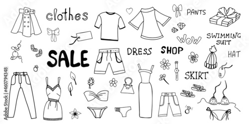 Clothes hand drawn doodle set. Apparel and accessories.