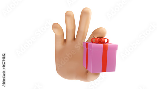 Fototapeta Naklejka Na Ścianę i Meble -  Cartoon hand holding a surprise gift box on an isolated background. 3d illustration