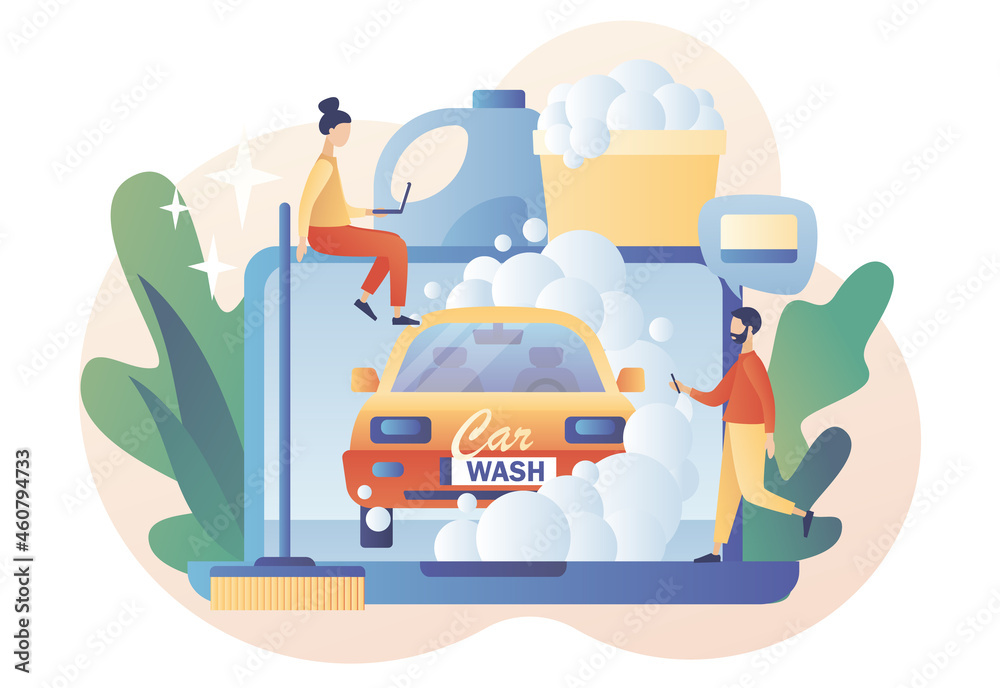 Tiny people washing automobile with water and foam. Car wash service web site. Transport is clean. Modern flat cartoon style. Vector illustration on white background Tiny people washing automobile with water and foam. Car wash service web site. Transport is clean. Modern flat cartoon style. Vector illustration on white background