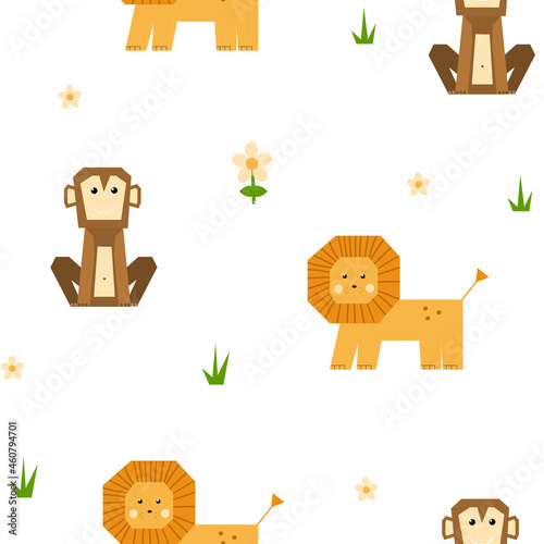 Seamless pattern with cute african lion and monkey in cartoon style