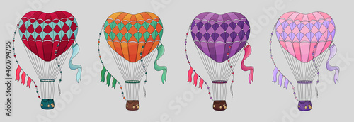 Set of Vintage hot air balloon. Different balloon aerostat collection. Color air balloons isolated. Large bag filled with hot gas and basket.
Flying transport. Hand drawn vintage style flight airship.