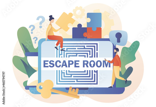 Quest room web site. Escape room. Exit maze. Tiny people trying to solve puzzles, find key, gettout of trap, finding conundrum solution. Modern flat cartoon style. Vector illustration