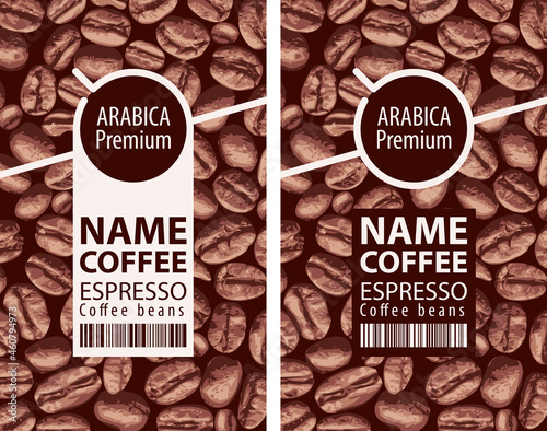 Set of two vector labels for coffee beans in modern style. Coffee labels with cups, barcodes and the words Espresso, Arabica premium on the background of coffee beans