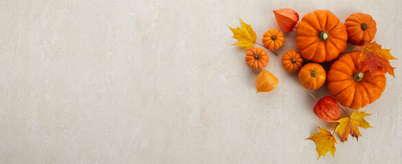 Autumn framework from pumpkins, berries and leaves on a travertine background. Concept of Thanksgiving day or Halloween.