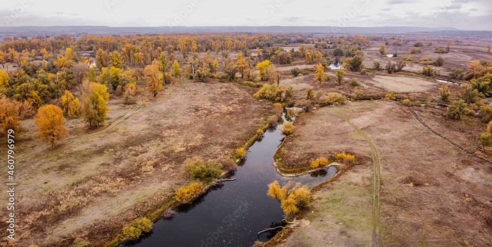 Beautiful aerial panoramic landscape, drone view over river bay in golden forest. autumn colorful trees in russian countryside, Samara region, Russia 