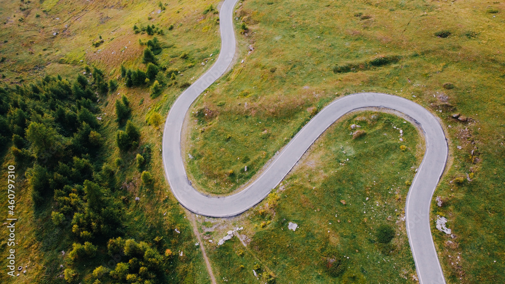 Aerial view of green fields, coniferous forest and narrow road in the Alps. Pathway in the mountains, directly above. Aerial view of green fields, coniferous forest and narrow road in the Alps. Pathway in the mountains, directly above.