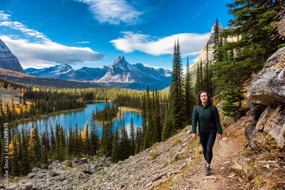Adventurous Caucasian Woman Hiking on a Trail with Glacier Lake and Canadian Rocky Mountains in Background. Located in Lake O'Hara, Yoho National Park, British Columbia, Canada.