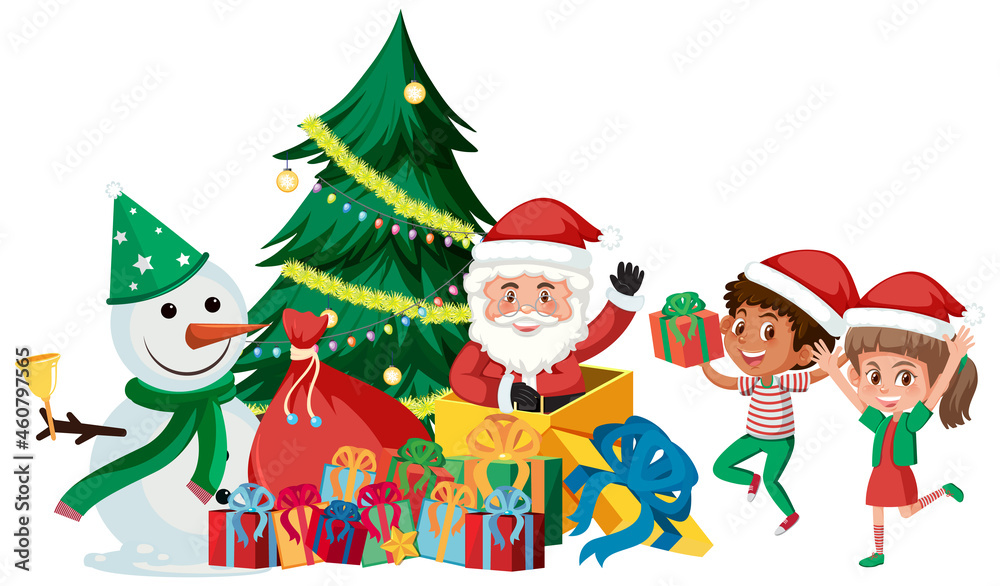 Santa Claus with happy children and Christmas tree Santa Claus with happy children and Christmas tree