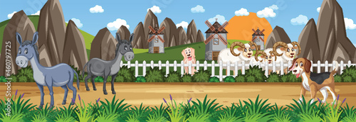 Panorama landscape scene with farm animals in the farm