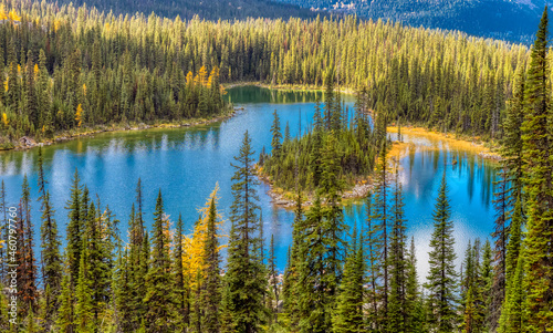 Scenic View of Glacier Lake in Canadian Rocky Mountains. Sunny Fall Day. Located in Lake O'Hara, Yoho National Park, British Columbia, Canada.