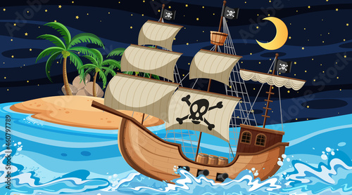 Ocean with Pirate ship at night scene in cartoon style photo