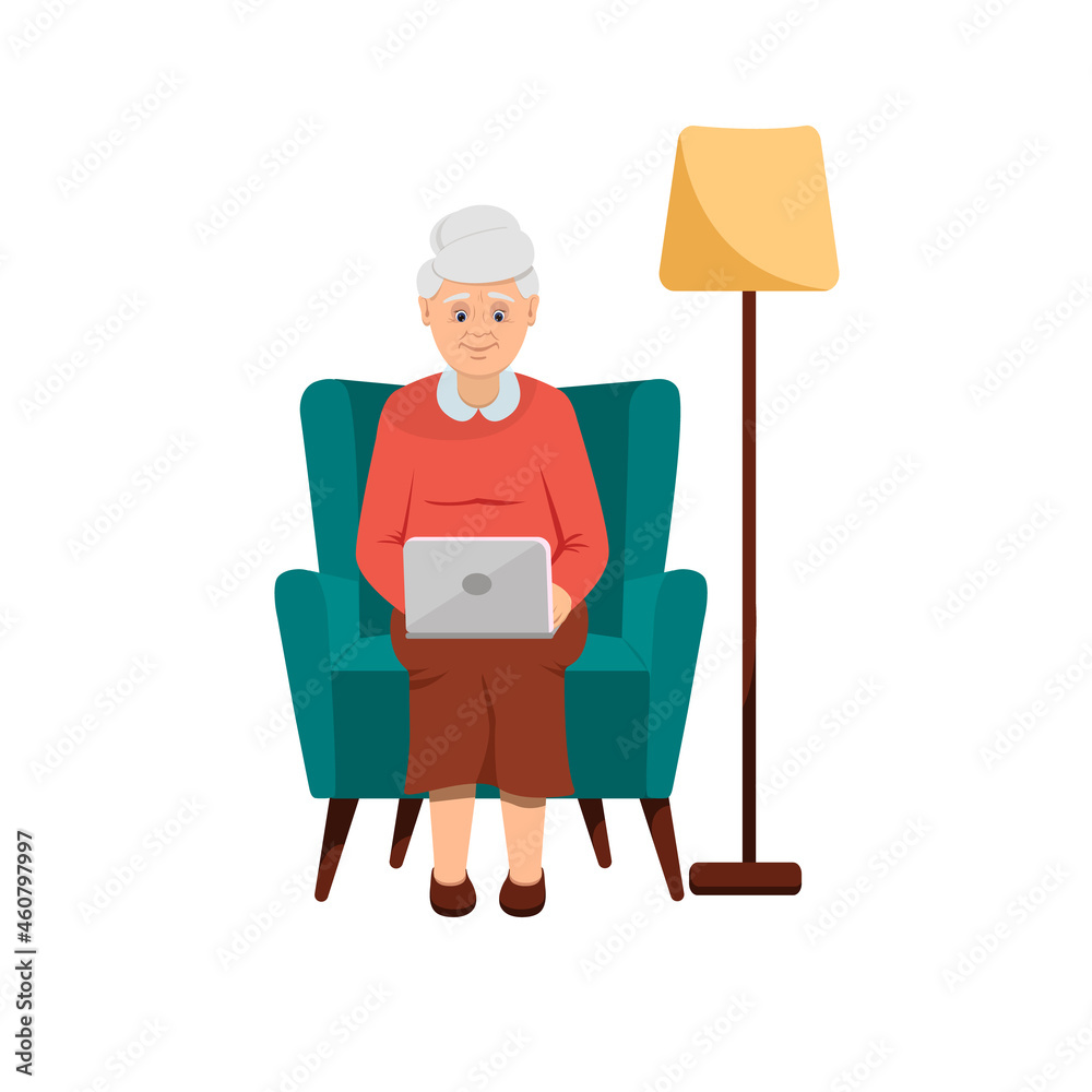 Grandmother sits in a green chair with a laptop. There is a lamp nearby. Flat style. Isolated on a white background. a happy elderly woman. Vector illustration
